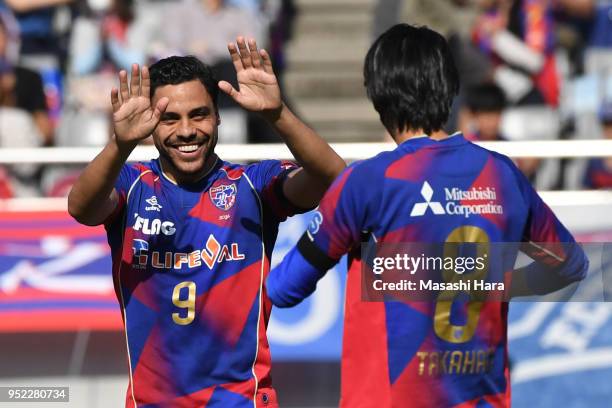 Diego Oliveira of FC Tokyo celebrates the first goal during the J.League J1 match between FC Tokyo and Nagoya Grampus at Ajinomoto Stadium on April...