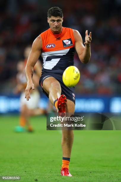 Jonathon Patton of the Giants kicks during the round six AFL match between the Greater Western Sydney Giants and the Brisbane Lions at Spotless...