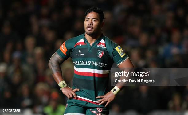 Manu Tuilagi of Leicester Tigers looks on during the Aviva Premiership match between Leicester Tigers and Newcastle Falcons at Welford Road on April...