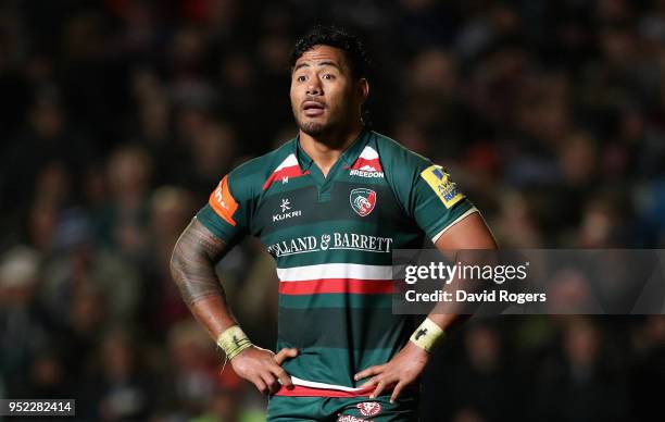 Manu Tuilagi of Leicester Tigers looks on during the Aviva Premiership match between Leicester Tigers and Newcastle Falcons at Welford Road on April...