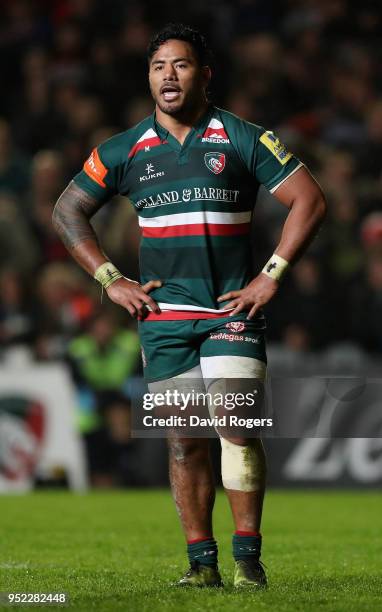 Manu Tuilagi of Leicester Tigers looks on during the Aviva Premiership match between Leicester Tigers and Newcastle Falcons at Welford Road on April...