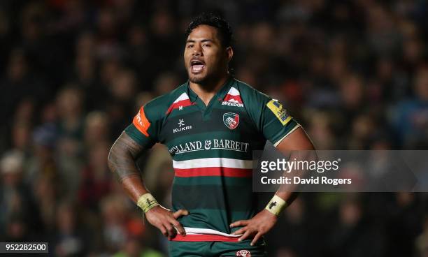Manu Tuilagi of Leicester Tigers looks on during the Aviva Premiership match between Leicester Tigers and Newcastle Falcons at Welford Road on April...