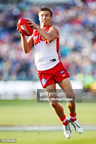 Kieren Jack of the Swans marks the ball during the round six AFL match between the Geelong Cats and Sydney Swans at GMHBA Stadium on April 28, 2018...