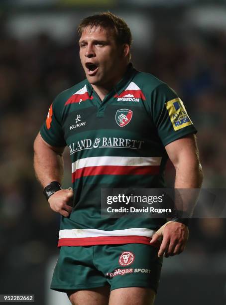 Tom Youngs of Leicester Tigers looks on during the Aviva Premiership match between Leicester Tigers and Newcastle Falcons at Welford Road on April...