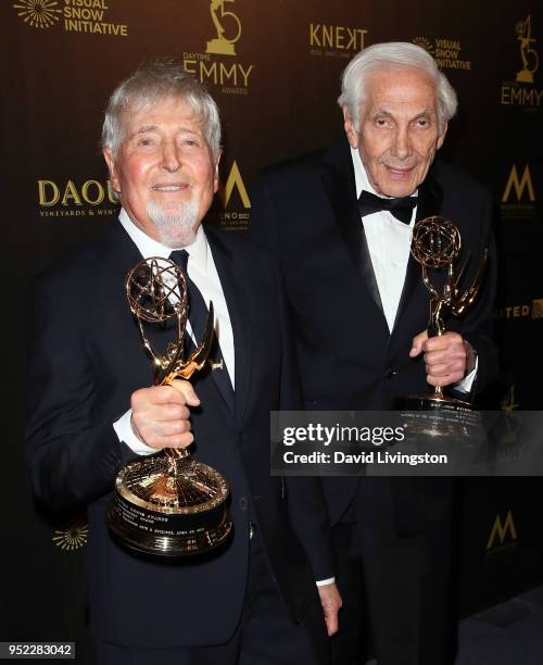 Producers Sid Krofft and Marty Krofft attend the press room at the 45th Annual Daytime Creative Arts Emmy Awards at Pasadena Civic Auditorium on...