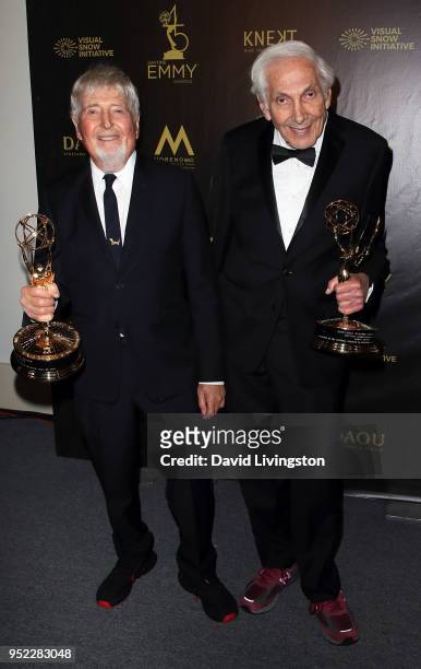 Producers Sid Krofft and Marty Krofft attend the press room at the 45th Annual Daytime Creative Arts Emmy Awards at Pasadena Civic Auditorium on...