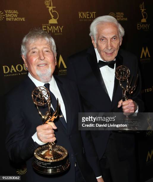 Producers Sid Krofft and Marty Krofft attend the press room at the 45th Annual Daytime Creative Arts Emmy Awards at Pasadena Civic Auditorium on...