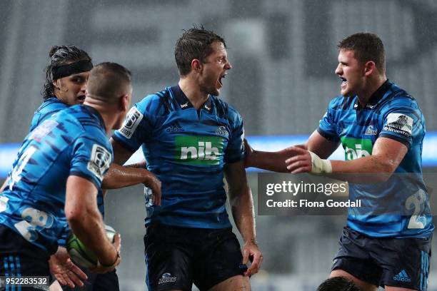 Matt Duffie of the Blues scores a try during the Super Rugby round 11 match between the Blues and Jaguares at Eden Park on April 28, 2018 in...