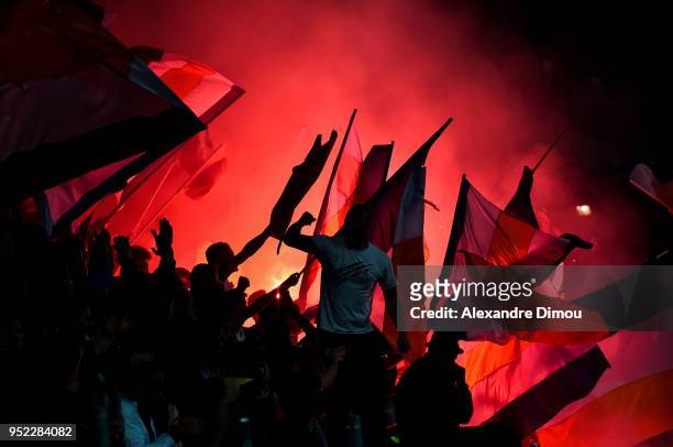 Fans of Montpellier during the Ligue 1 match between Montpellier Herault SC and AS Saint-Etienne at Stade de la Mosson on April 27, 2018 in...