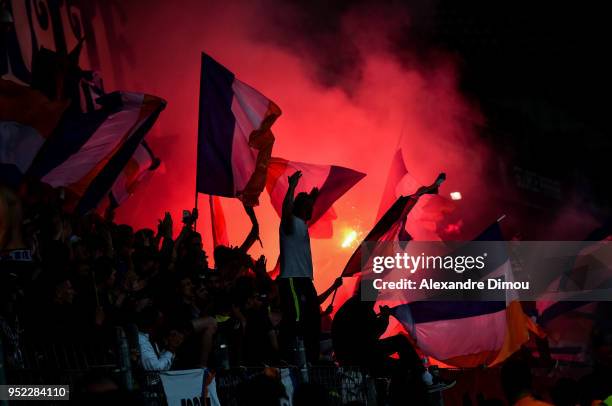 Fans of Montpellier during the Ligue 1 match between Montpellier Herault SC and AS Saint-Etienne at Stade de la Mosson on April 27, 2018 in...