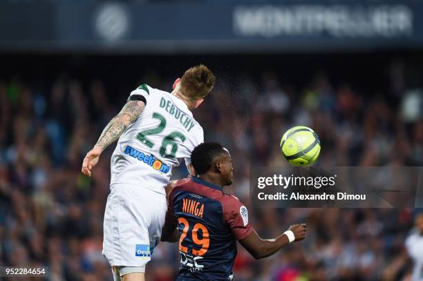 Mathieu Debuchy of Saint Etienne and Casimir Ninga of Montpellier during the Ligue 1 match between Montpellier Herault SC and AS Saint-Etienne at...