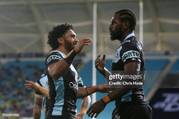 Edrick Lee of the Sharks celebrates a try during the round eight NRL match between the Gold Coast Titans and Cronulla Sharks at Cbus Super Stadium on...