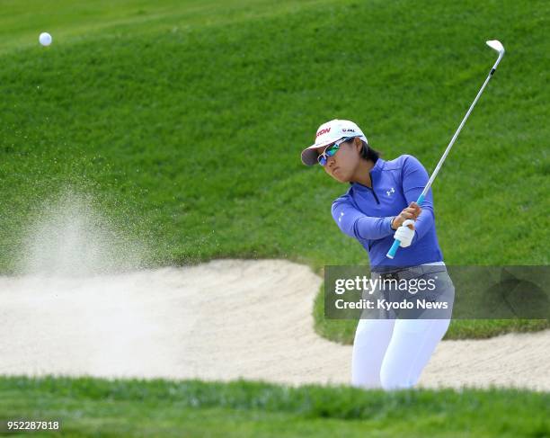 Nasa Hataoka of Japan hits a shot out of a bunker on the 16th hole in the second round of the LPGA Mediheal Championship in Daly City, California, on...