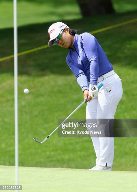 Nasa Hataoka of Japan hits an approach shot on the 17th hole in the second round of the LPGA Mediheal Championship in Daly City, California, on April...