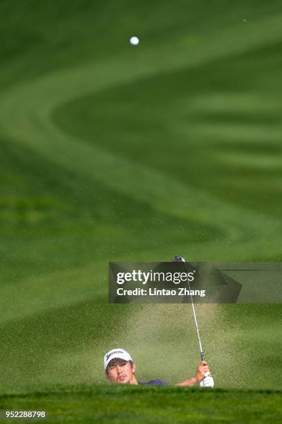Soomin Lee of Korea plays a shot during the day three of the 2018 Volvo China Open at Topwin Golf and Country Club on April 28, 2018 in Beijing,...