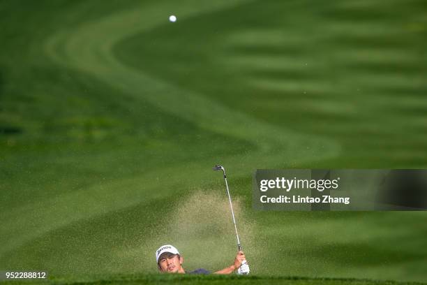 Soomin Lee of Korea plays a shot during the day three of the 2018 Volvo China Open at Topwin Golf and Country Club on April 28, 2018 in Beijing,...