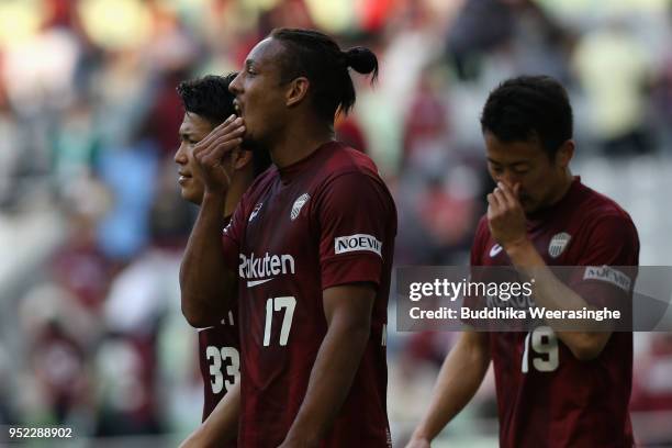 Shuhei Otsuki, Wellington and Kazuma Watanabe of Vissel Kobe show dejection after their 1-2 defeat in the J.League J1 match between Vissel Kobe and...