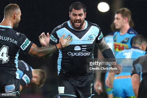 Andrew Fifita of the Sharks celebrates winning the round eight NRL match between the Gold Coast Titans and Cronulla Sharks at Cbus Super Stadium on...