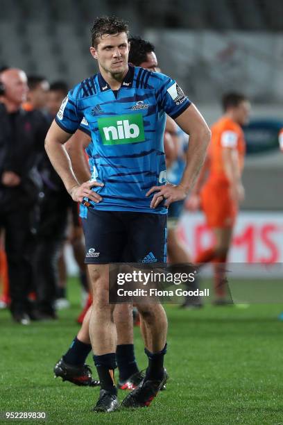 Matt Duffie of the Blues reacts to the loss during the Super Rugby round 11 match between the Blues and Jaguares at Eden Park on April 28, 2018 in...