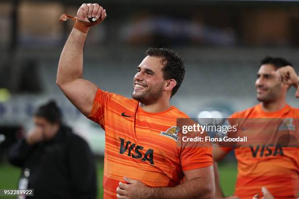 Santiago Garcia Botta of the Jaguares celebrates with the fans during the Super Rugby round 11 match between the Blues and Jaguares at Eden Park on...