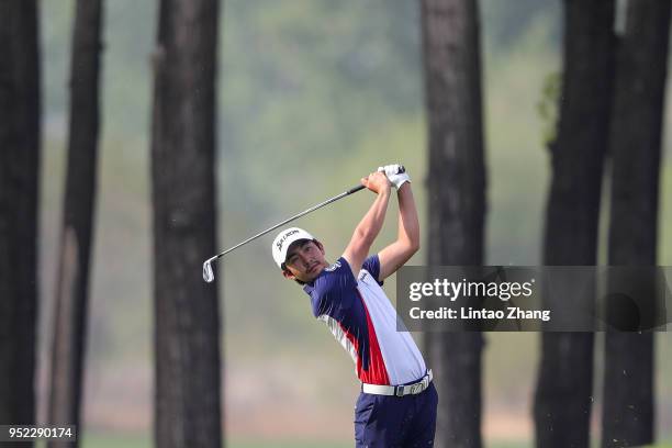 Soomin Lee of Korea plays a shot during the day three of the 2018 Volvo China Open at Topwin Golf and Country Club on April 28, 2018 in Beijing,...