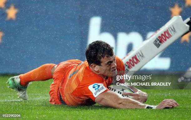 Emiliano Boffelli of the Jaguares dives in for a try during the Super Rugby match between the Auckland Blues of New Zealand and the Jaguares of...