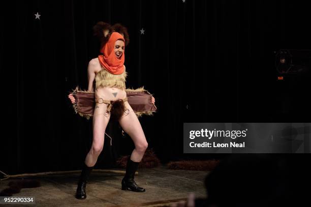 Burlesque dancer Boysinberry Cupcake performs as an Ewok from Star Wras during the opening night of the Nerdlesque Festival on April 27, 2018 in New...