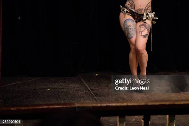 An intermission go-go dancer entertains the audience during the opening night of the Nerdlesque Festival on April 27, 2018 in New York City....