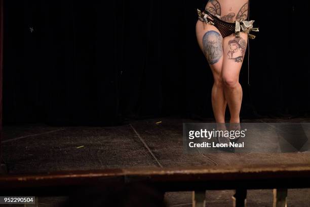 An intermission go-go dancer entertains the audience during the opening night of the Nerdlesque Festival on April 27, 2018 in New York City....