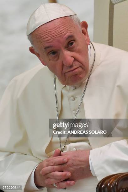 Pope Francis looks towards participants at "Unite To Cure, A Global Health Care Initiative, during his audience at Aula Paolo VI in The Vatican on...