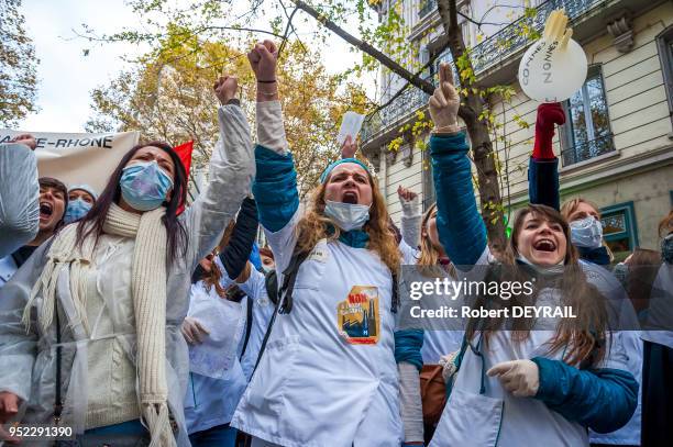 Organisations représentatives des personnels de santé et des étudiants en soin infirmier ont manifesté dans les rues le 8 novembre 2016, Lyon,...