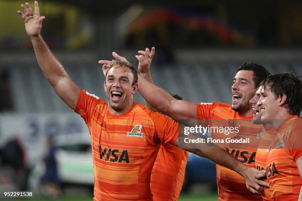 The Jaguares celebrate a win over the Blues during the Super Rugby round 11 match between the Blues and Jaguares at Eden Park on April 28, 2018 in...