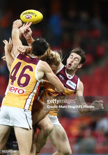 Daniel McStay of the Lions competes for the ball during the round six AFL match between the Greater Western Sydney Giants and the Brisbane Lions at...