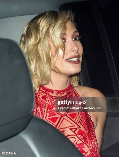 Model/actress Hailey Baldwin is seen leaving the screening of 'The American Meme' during the 2018 Tribeca Film Festival at Spring Studios on April...