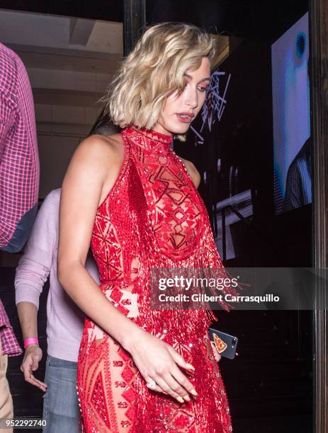 Model/actress Hailey Baldwin is seen leaving the screening of 'The American Meme' during the 2018 Tribeca Film Festival at Spring Studios on April...