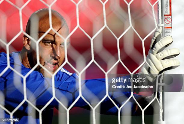 Goalie Tim Howard of Everton FC stretches before taking on the MLS All-Stars before the 2009 MLS All-Star Game at Rio Tinto Stadium on July 29, 2009...