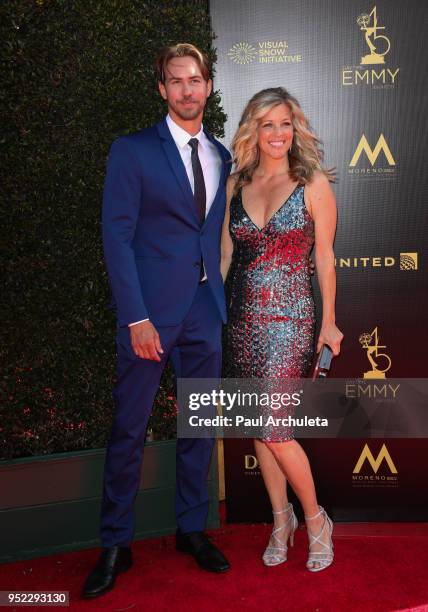 Actors Wes Raimsey and Laura Wright attend the 45th Annual Daytime Creative Arts Emmy Awards at the Pasadena Civic Auditorium on April 27, 2018 in...