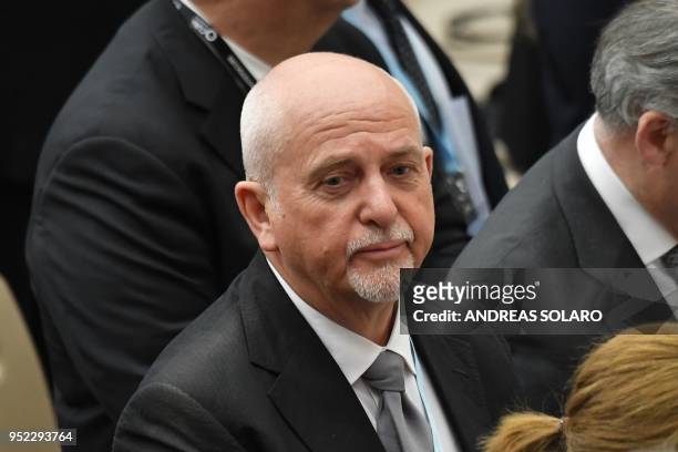 British composer and musician Peter Gabriel looks towards Pope Francis as he welcomes participants to "Unite To Cure, A Global Health Care...