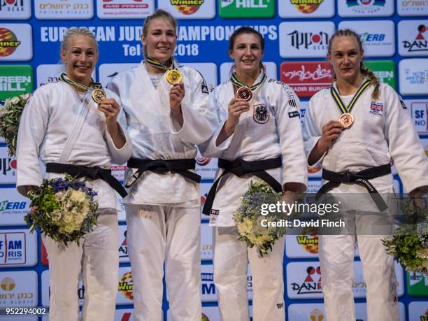 Under 70kg medallists L-R: Silver; Sally Conway , Gold; Kim Polling , Bronzes; Michaela Polleres and Gemma Howell during day two of the 2018 Tel Aviv...