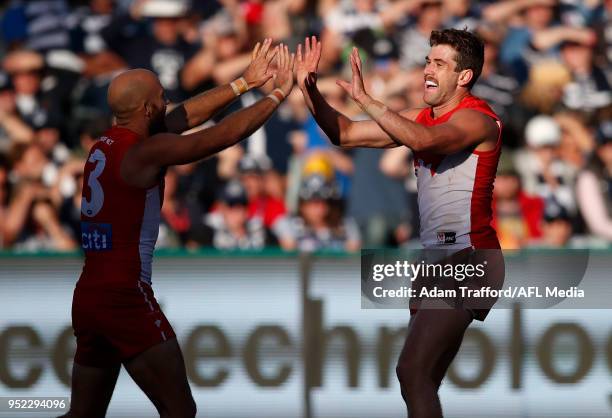 Robbie Fox of the Swans celebrates a goal with Jarrad McVeigh of the Swans during the 2018 AFL round six match between the Geelong Cats and the...