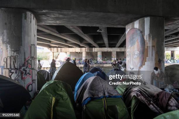 View of migrants' camp in the Parc of La Villette, in Paris, France, on April 27, 2018.