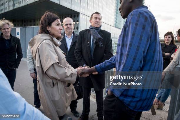 The Mayor of Paris, Anne Hidalgo, visits the migrants' camp in the Parc of La Villette, in Paris, France, on April 27, 2018.