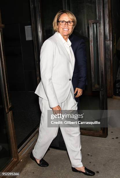 Sportscaster Mary Carillo is seen leaving Tribeca Talks: The Journey with Sarah Jessica Parker during the 2018 Tribeca Film Festival at Spring...