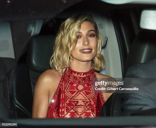 Model/actress Hailey Baldwin is seen leaving the screening of 'The American Meme' during the 2018 Tribeca Film Festival at Spring Studios on April...