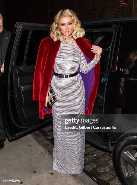 Actress Paris Hilton is seen arriving to the screening of 'The American Meme' during the 2018 Tribeca Film Festival at Spring Studios on April 27,...