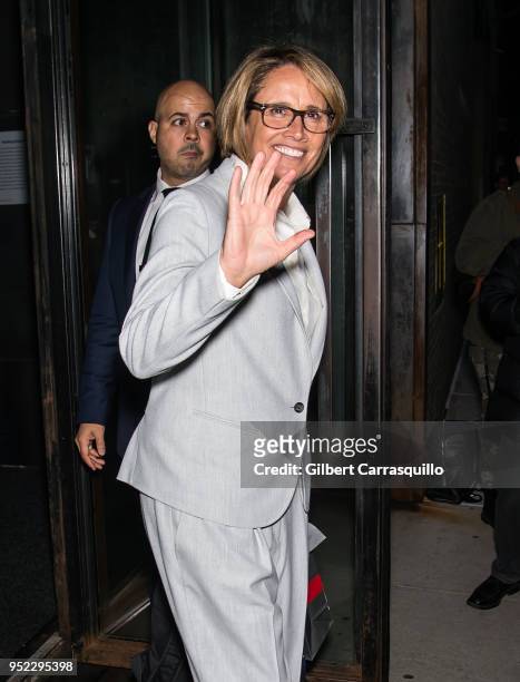 Sportscaster Mary Carillo is seen leaving Tribeca Talks: The Journey with Sarah Jessica Parker during the 2018 Tribeca Film Festival at Spring...
