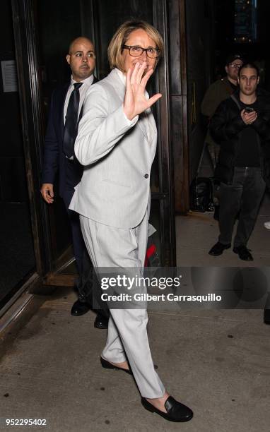 Sportscaster Mary Carillo is seen leaving Tribeca Talks: The Journey with Sarah Jessica Parker during the 2018 Tribeca Film Festival at Spring...