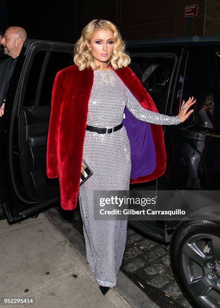 Actress Paris Hilton is seen arriving to the screening of 'The American Meme' during the 2018 Tribeca Film Festival at Spring Studios on April 27,...