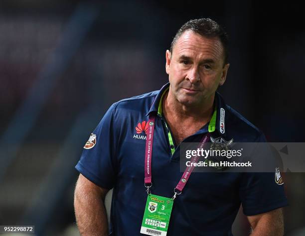Raiders coach Ricky Stuart looks on during the round eight NRL match between the North Queensland Cowboys and the Canberra Raiders at 1300SMILES...