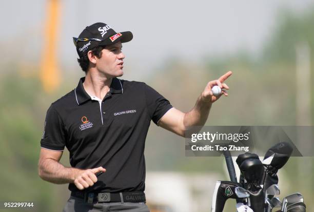 Ricardo Gouveia of Poland celebrates during the third round of the 2018 Volvo China open at Beijing Huairou Topwin Golf and Country Club on April 28,...